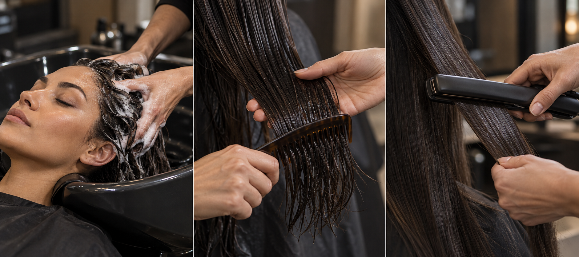 Illustrative scalp cleansing, detangling and heat styling scenes